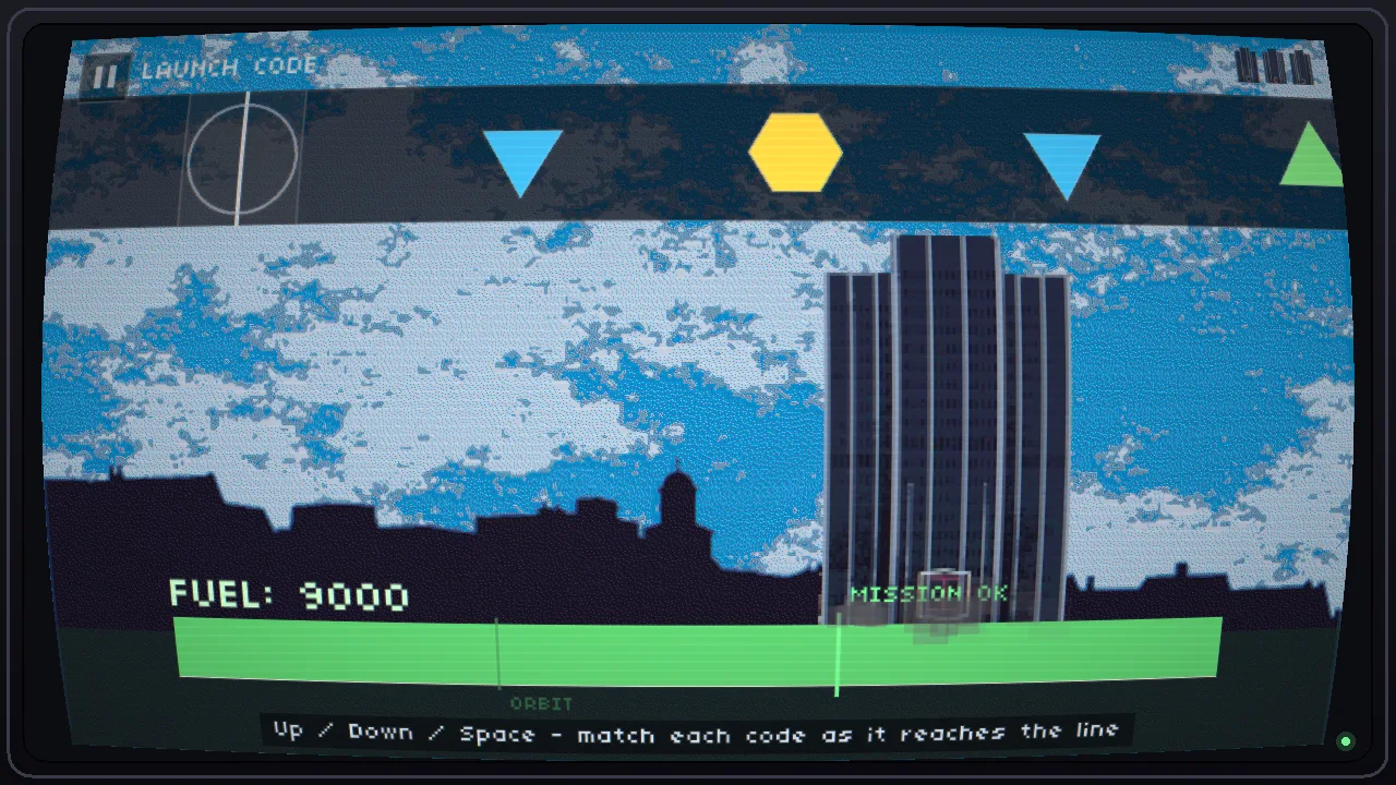 Level 1: launch-code notes running along a ticker tape toward a hit line.